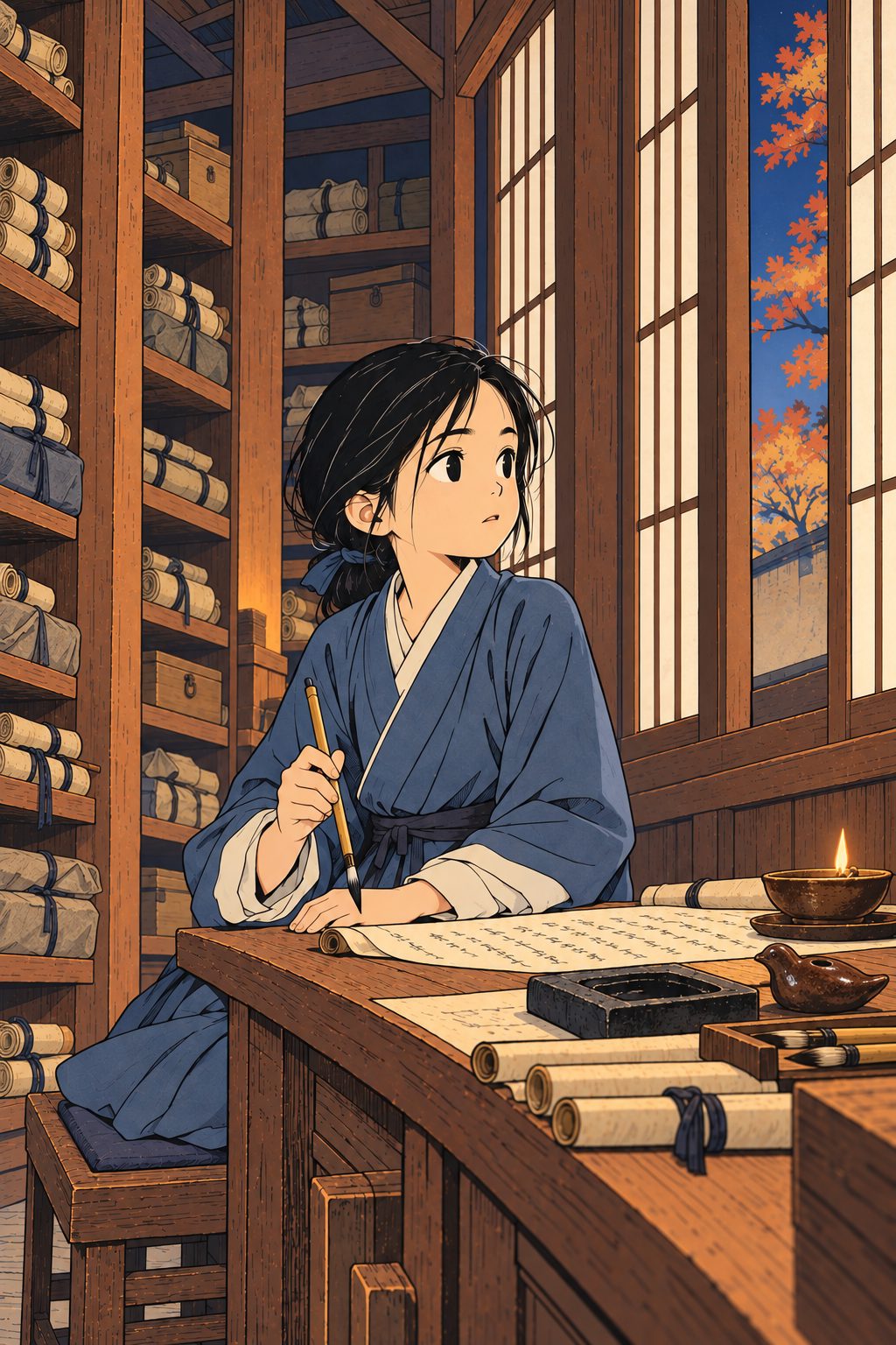 Before dawn, Ryeon, a girl of ten in a blue robe, sits at a high library desk with a brush in her hand, looking up at a lattice window. Shelves of tied scrolls, cloth bundles and boxes rise behind her; a small oil lamp burns beside her inkstone.