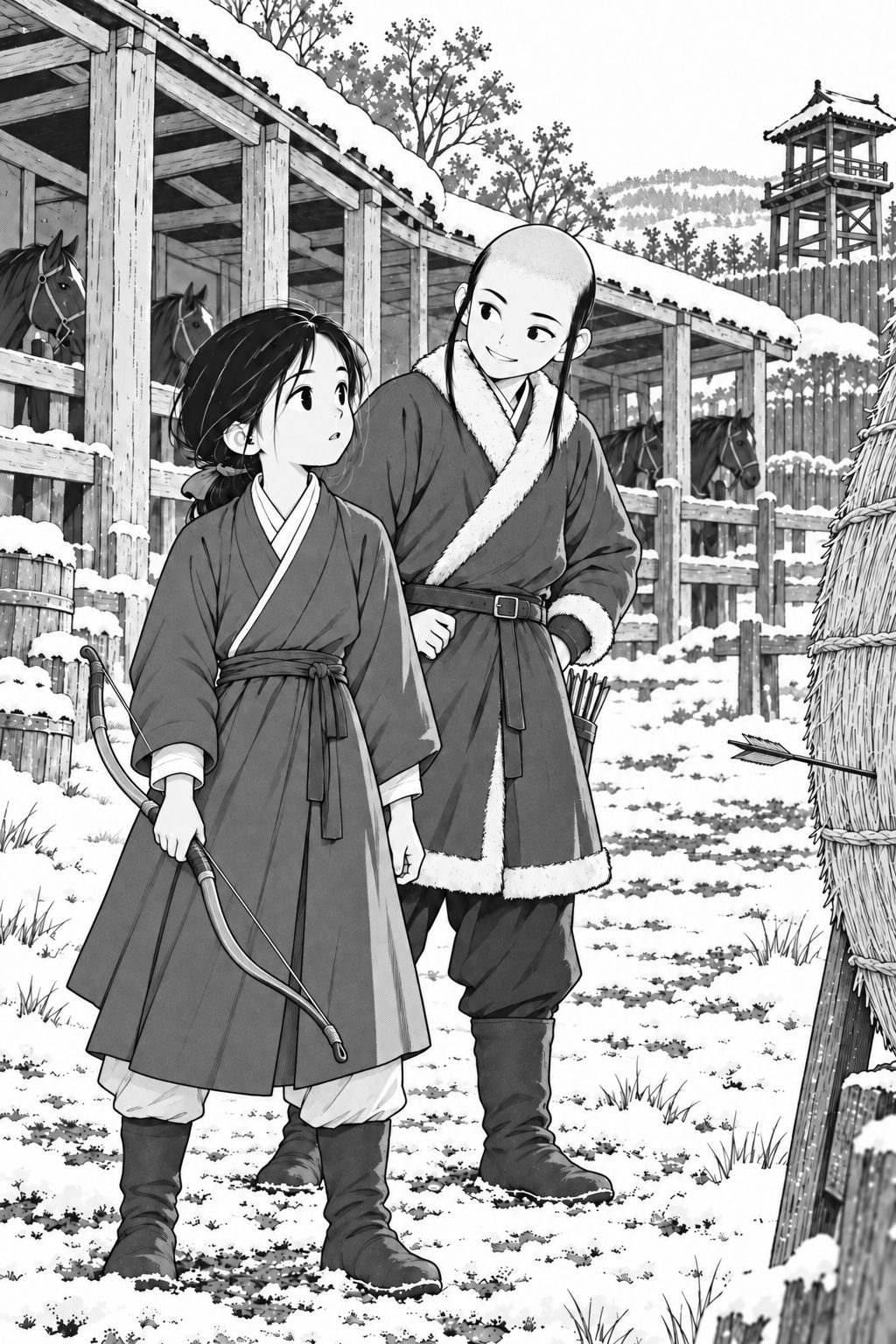 In a snowy archery yard by the stables, Ryeon grips a small bow and looks up at Ruan, his crown shaved and two locks at his temples, who stands behind her grinning. Her arrow is stuck low in the straw target.
