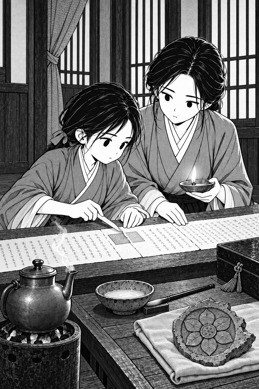 By lamplight, Ryeon slides a bone spatula under the red seal where two sheets join, while Lady Gao leans in holding a small oil lamp. A bronze kettle steams on a brazier; a broken lotus tile lies on a cloth.