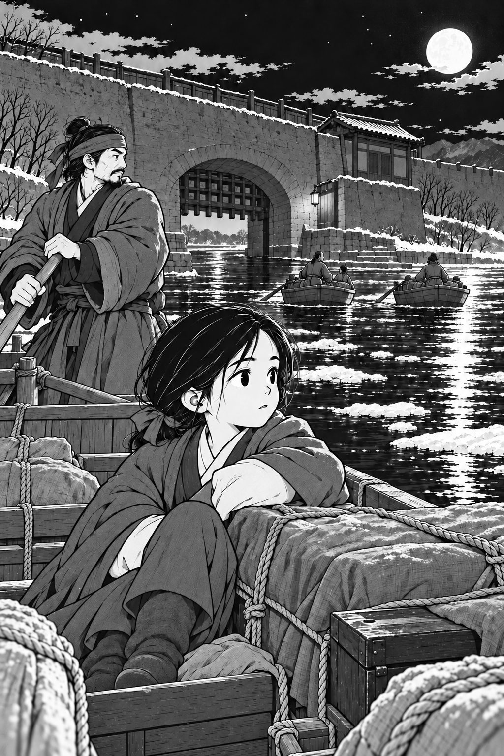 At night Ryeon sits among cloth-covered cargo in a boat on the icy river, looking back. A boatman steers behind her; beyond, the water gate stands open in the city wall under a full moon, with two more boats on the water.