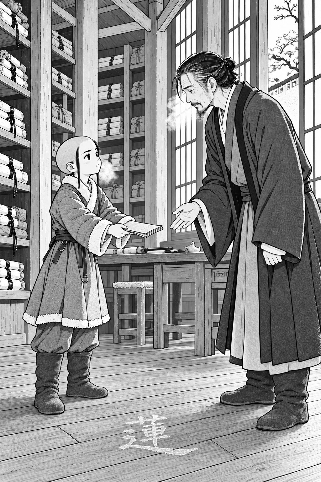 In the cold library, Ruan holds out a thin copybook to Bae Gu, their breath showing. On the bare floorboards between them, the character 蓮 has frozen pale into the wood.